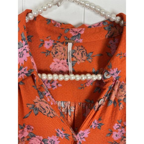 Free People Celia Floral Print Tie Front Button Up Short Sleeve Blouse Orange L - Picture 5 of 9